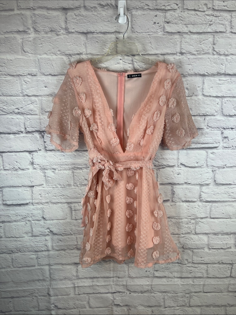 Coquette Cottagecore Pink V-neck Pom Pom Belted Mini Party Dress Size XS